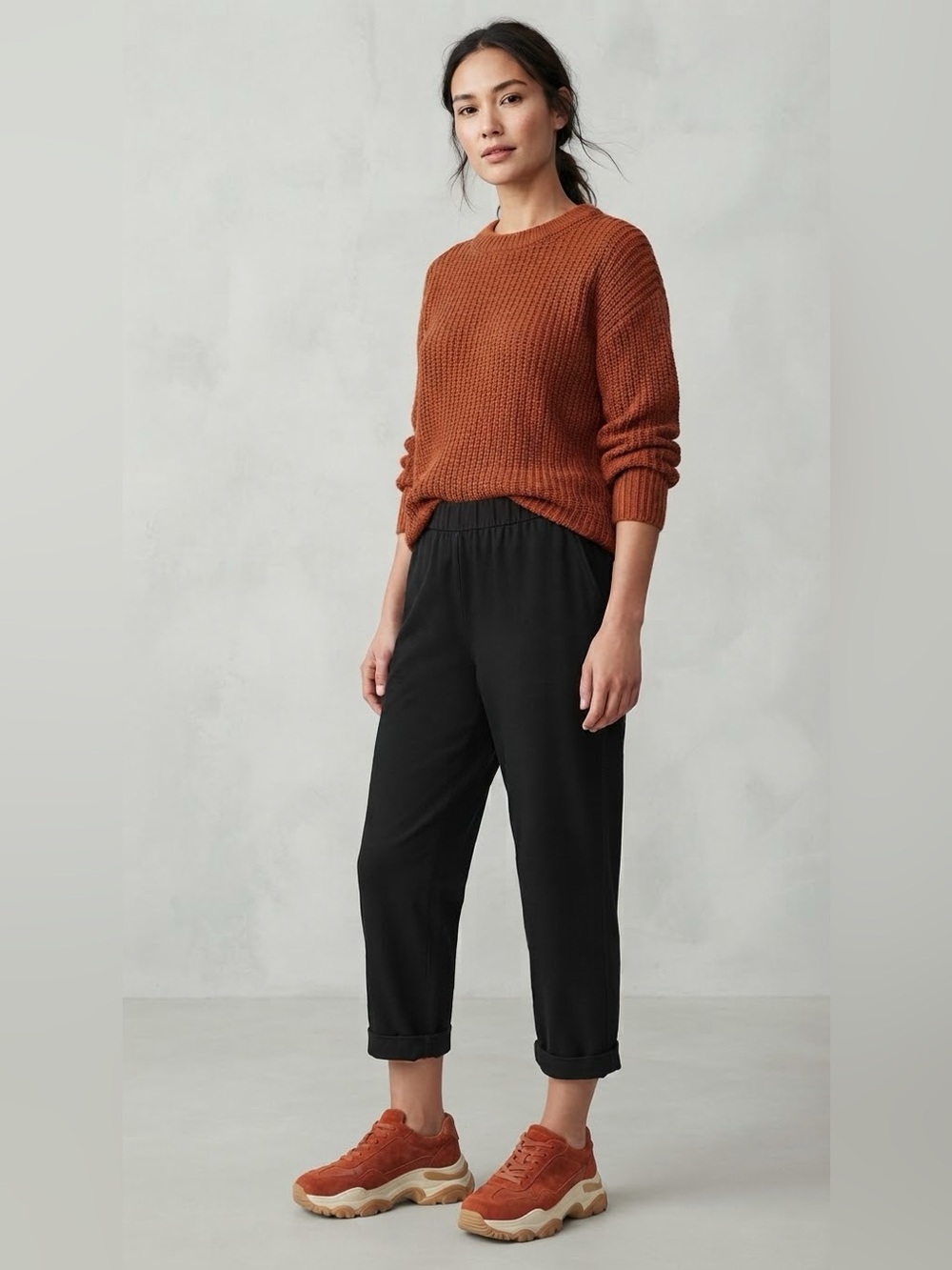 Eileen Fisher Black Organic Cotton Cuffed Jersey Ankle Pants L
